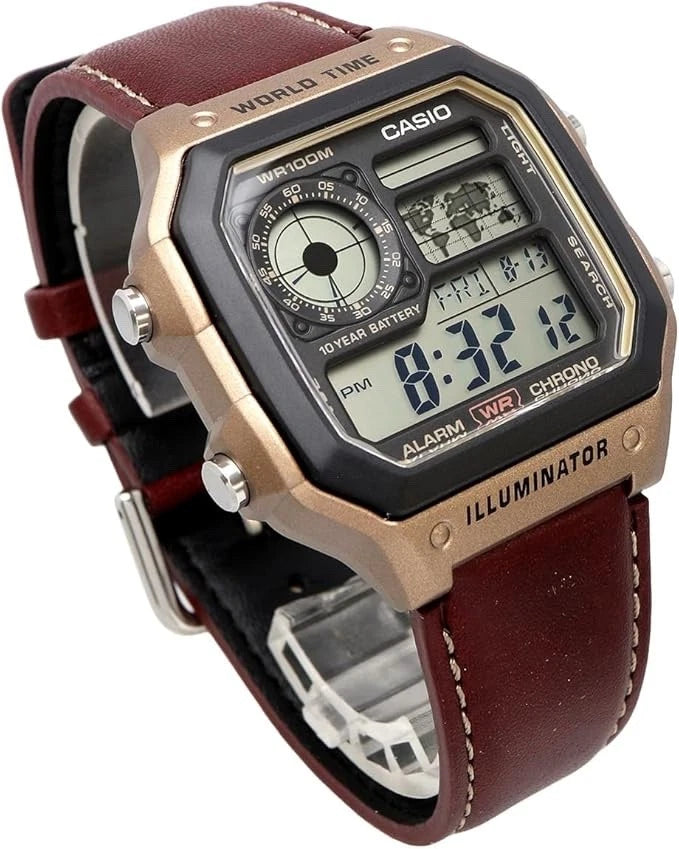 Casio AE-1200WHL-5AV Digital Watch with Brown Leather Strap