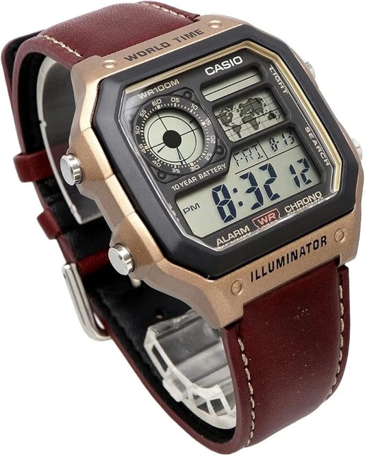 Casio AE-1200WHL-5AV Digital Watch with Brown Leather Strap
