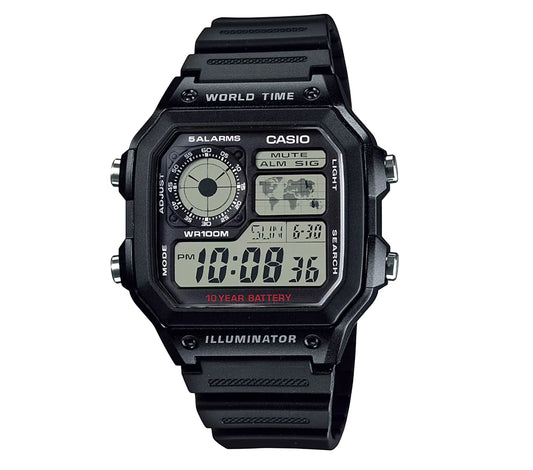 Casio AE-1200WH-1A Digital World Time Watch – Black Resin Strap