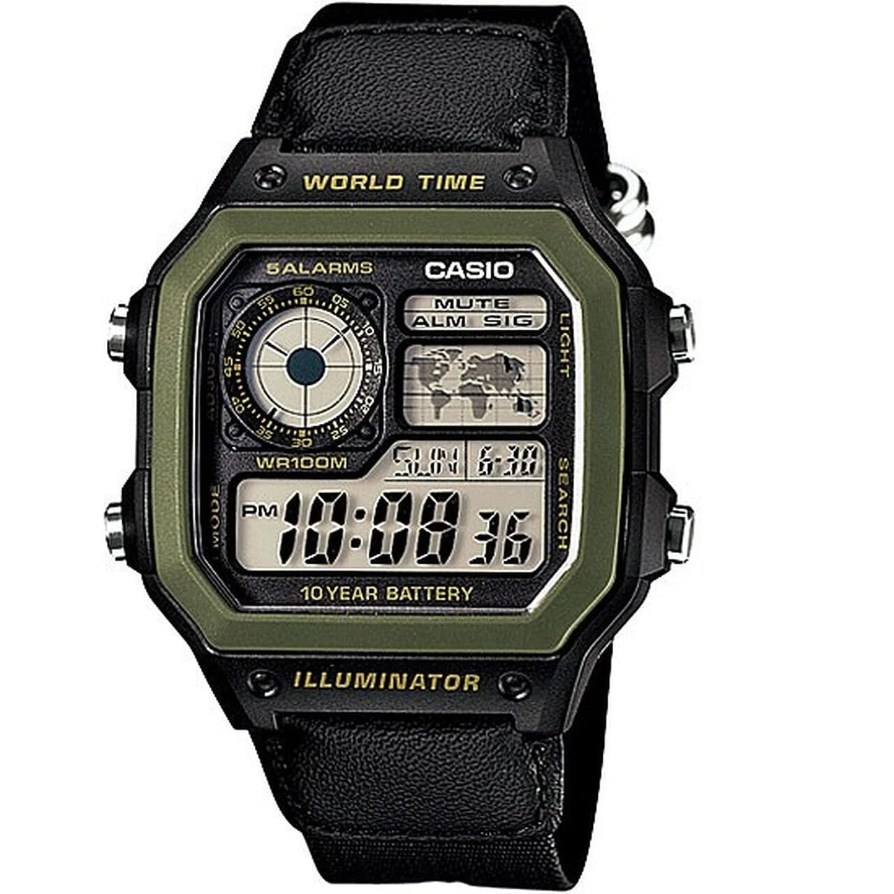 Casio AE-1200WHB-1BV Digital World Time Watch with Black Cloth Strap