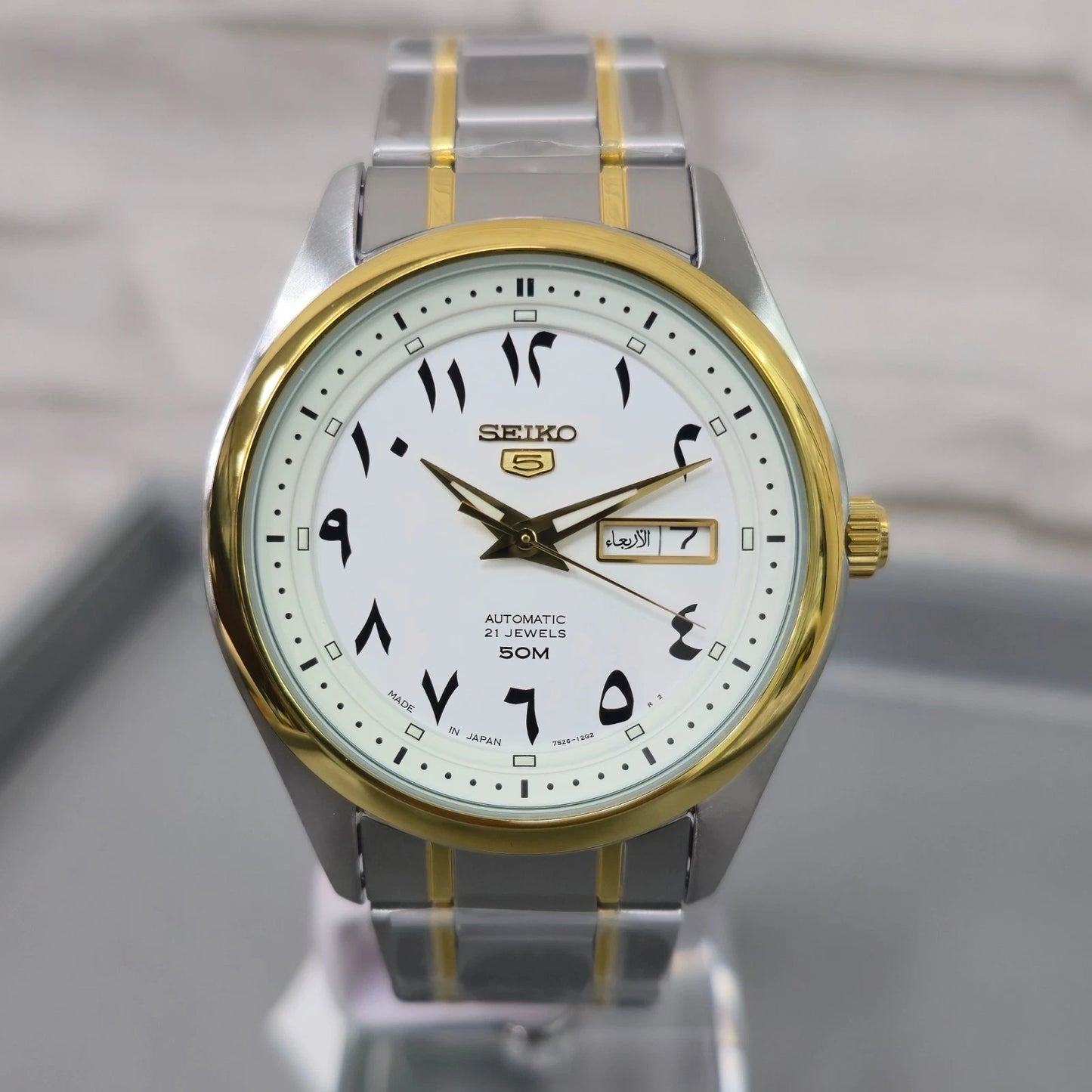 Seiko 5 SNKP22J1 Automatic Men's Watch | White Arabic Dial | Two-Tone Stainless Steel | Japan Made