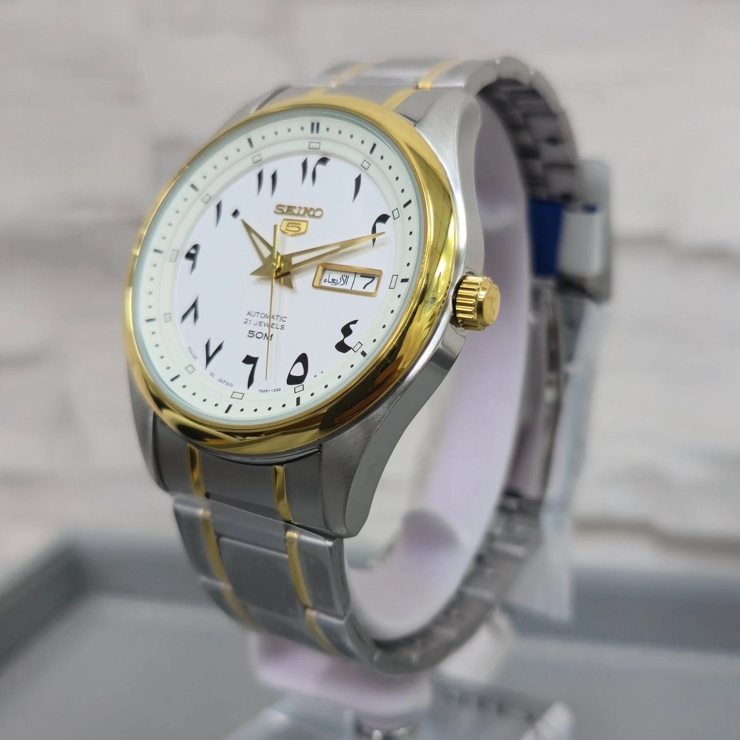 Seiko 5 SNKP22J1 Automatic Men's Watch | White Arabic Dial | Two-Tone Stainless Steel | Japan Made