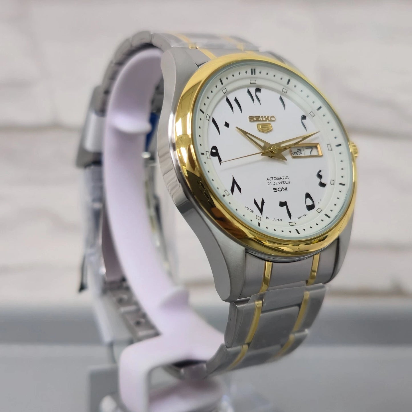 Seiko 5 SNKP22J1 Automatic Men's Watch | White Arabic Dial | Two-Tone Stainless Steel | Japan Made