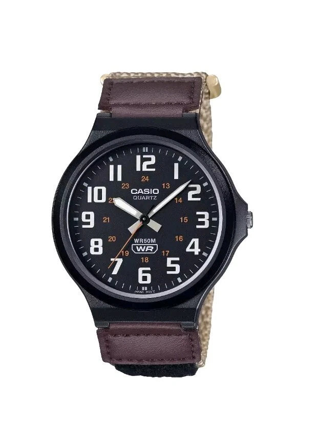 Casio MW-240B-5BVDF Analog Men's Watch | Black Dial | Brown Fabric Strap | 50M Water Resistant