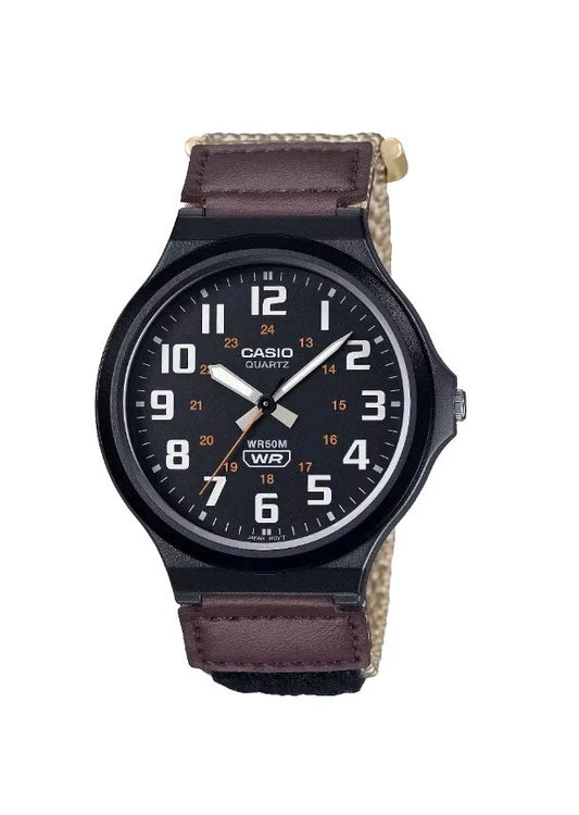 Casio MW-240B-5BVDF Analog Men's Watch | Black Dial | Brown Fabric Strap | 50M Water Resistant