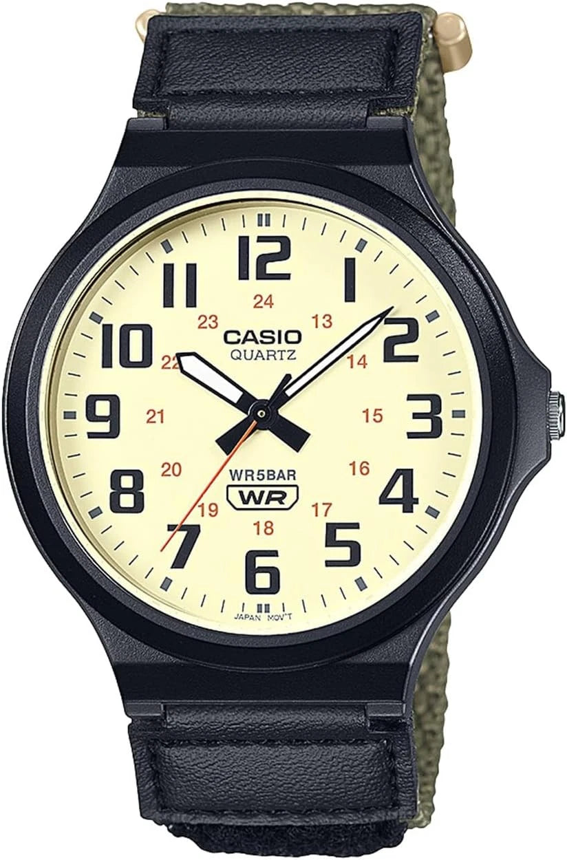 Casio MW-240B-3B Analog Men's Watch | Black Dial | Green Fabric Strap | 50M Water Resistant