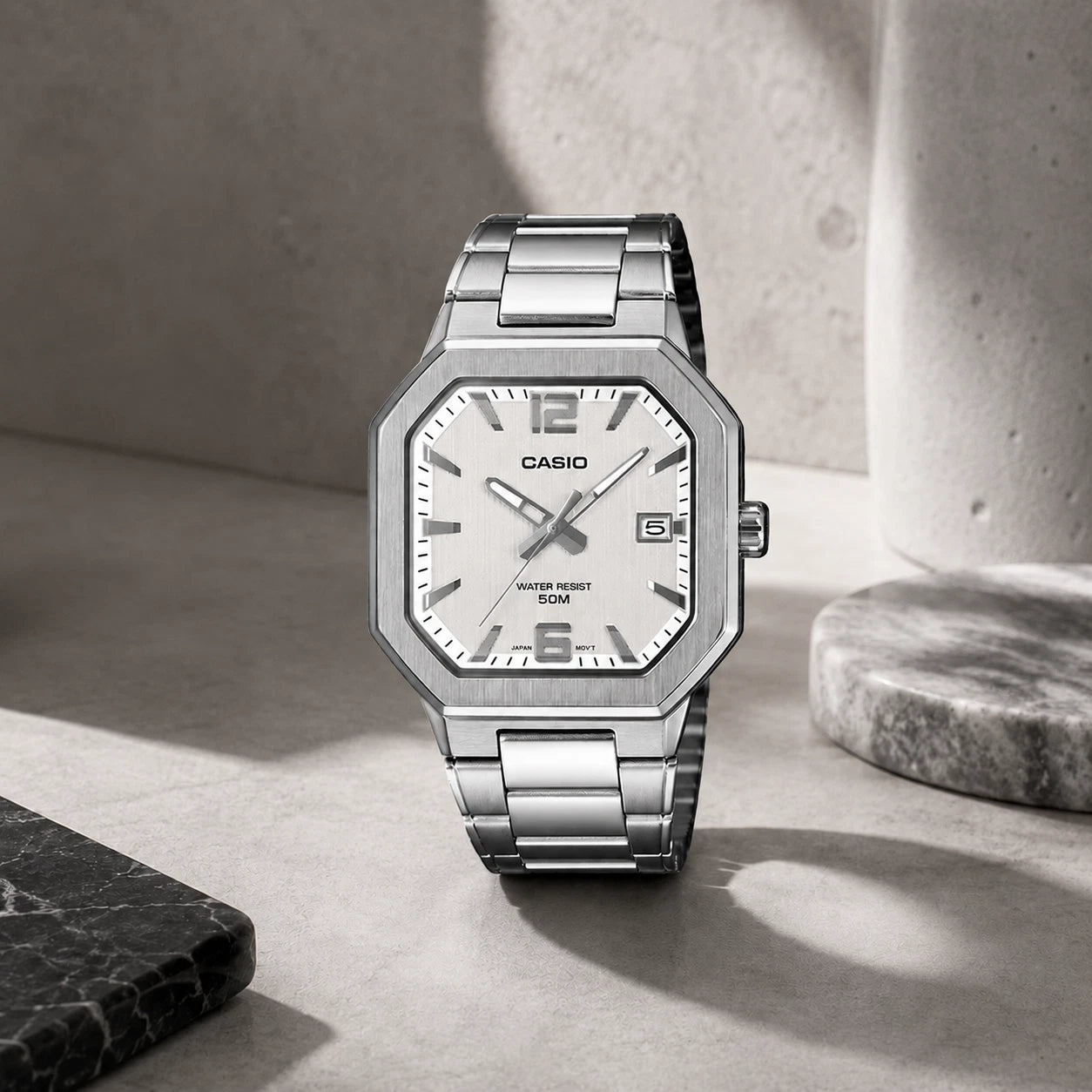 Casio MTP-B195D-7AV Men's Analog Stainless Steel Watch – Silver White Dial