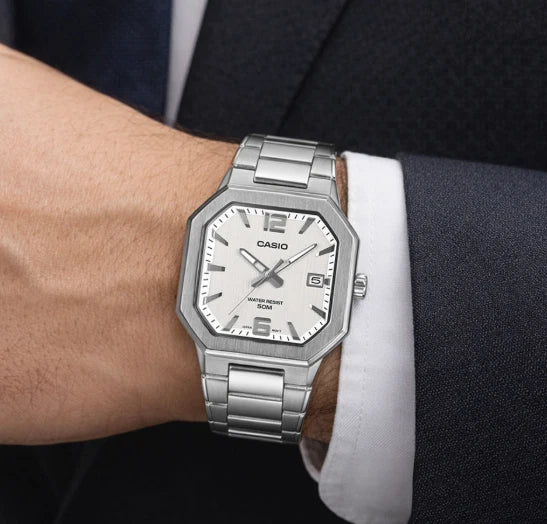 Casio MTP-B195D-7AV Men's Analog Stainless Steel Watch – Silver White Dial