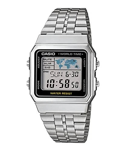 Casio Vintage A500WA-1DF World Time Digital Watch – Silver Stainless Steel