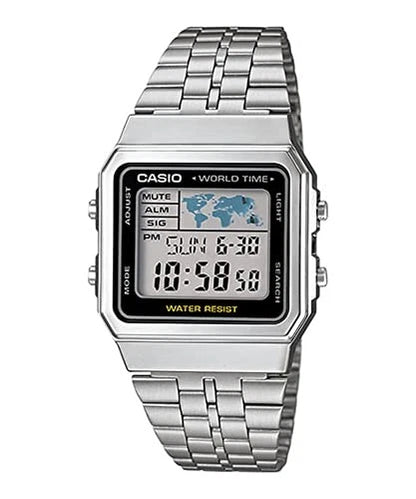 Casio Vintage A500WA-1DF World Time Digital Watch – Silver Stainless Steel