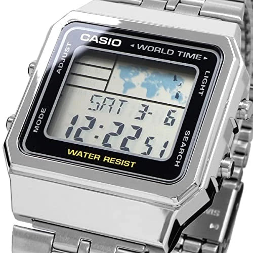 Casio Vintage A500WA-1DF World Time Digital Watch – Silver Stainless Steel