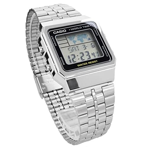 Casio Vintage A500WA-1DF World Time Digital Watch – Silver Stainless Steel