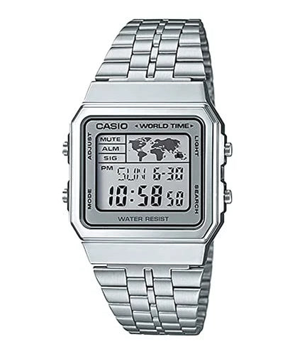 Casio Vintage A500WA-7DF World Time Digital Watch – Silver Stainless Steel