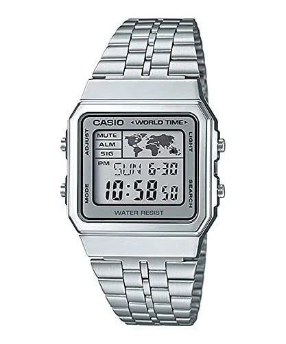 Casio Vintage A500WA-7DF World Time Digital Watch – Silver Stainless Steel