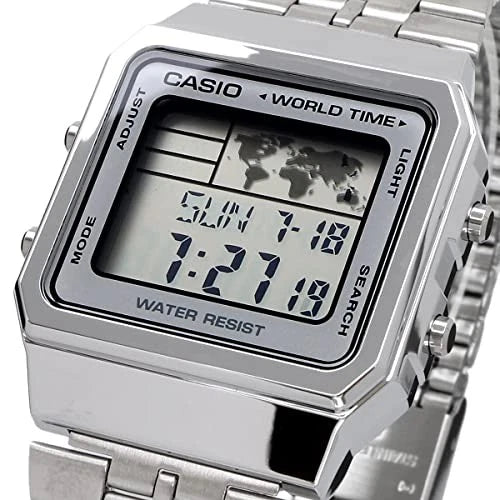 Casio Vintage A500WA-7DF World Time Digital Watch – Silver Stainless Steel