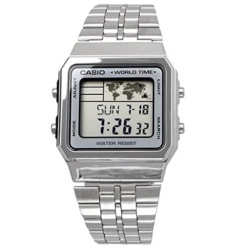 Casio Vintage A500WA-7DF World Time Digital Watch – Silver Stainless Steel
