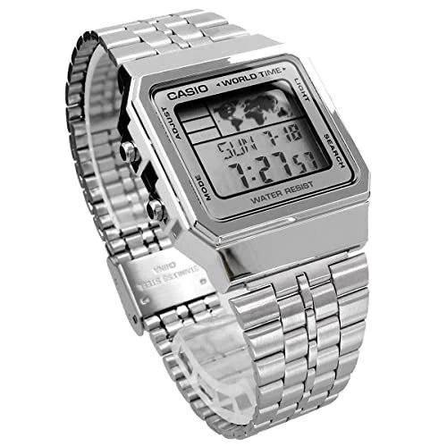 Casio Vintage A500WA-7DF World Time Digital Watch – Silver Stainless Steel
