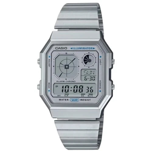 Casio A130WE-7ADF Vintage Future Retro Digital Watch | Silver Stainless Steel Bracelet | World Time