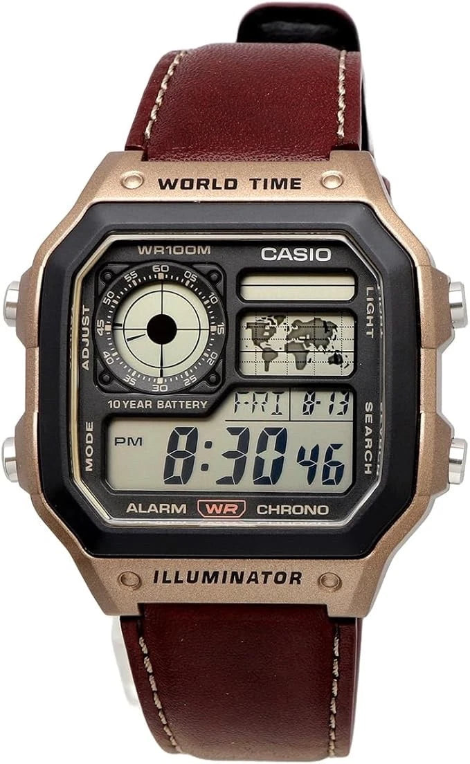 Casio AE-1200WHL-5AV Digital Watch with Brown Leather Strap
